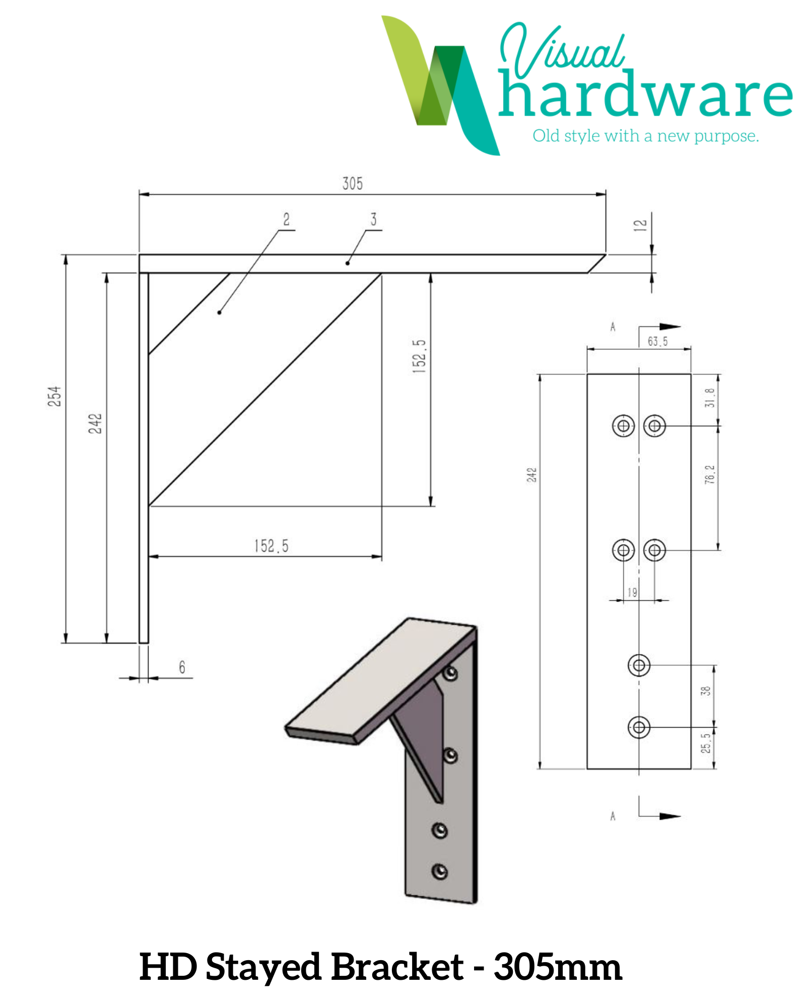 Heavy Duty Stayed Bracket 3 Sizes Shelves And Brackets Visual Hardware   W1600h2000 Heavy Duty Stayed Bracket Dimensional Sketch 305mm 